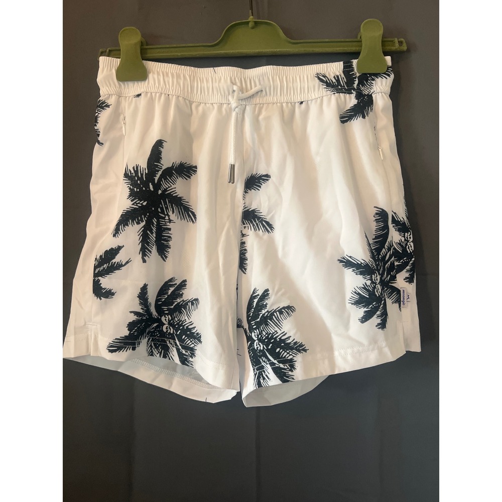 Maamgic White Palm Tree Print Swim Trunks Zipper Pockets Small 5 Inch Inseam